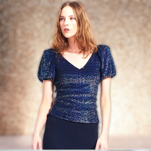 Emily Shalant  Sequin V Neck Top Lined Blue ( 34”Bust x 19”Long) Party Prom - Picture 1 of 9